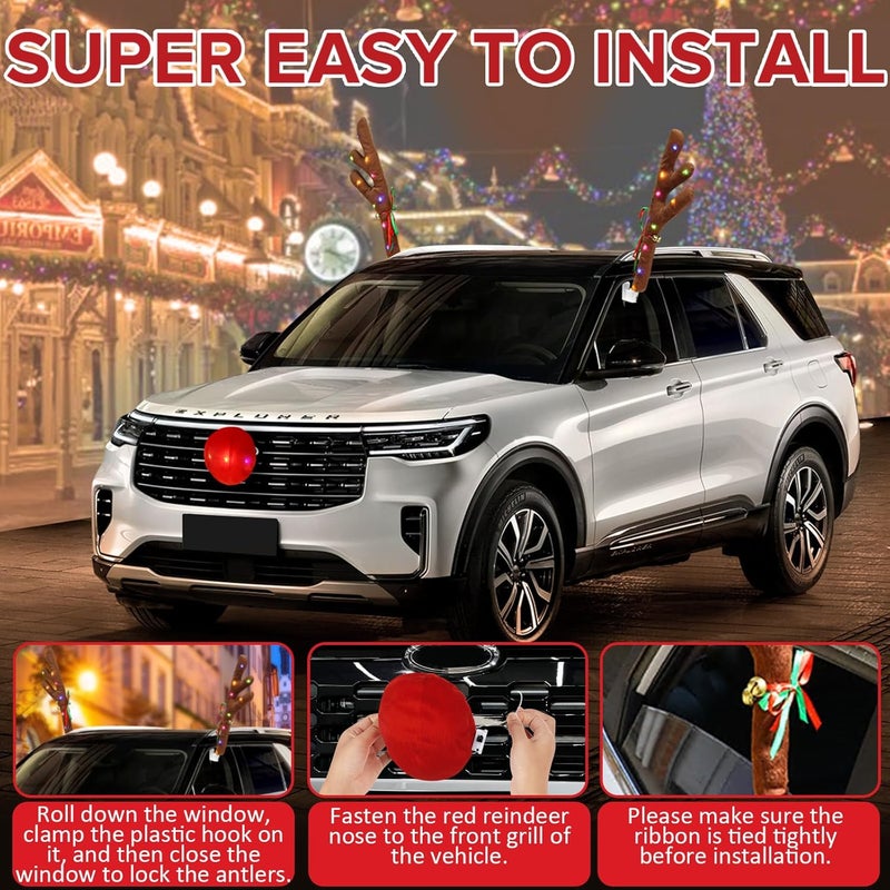 Angooni Charming Christmas Car Decoration, Festive Reindeer Car Kit, Reindeer Antlers & Nose, Christmas Lights for Cars, Nice Gift for Families & Friends, Suitable for Jeeps, Trucks, Golf Carts... - Image 3